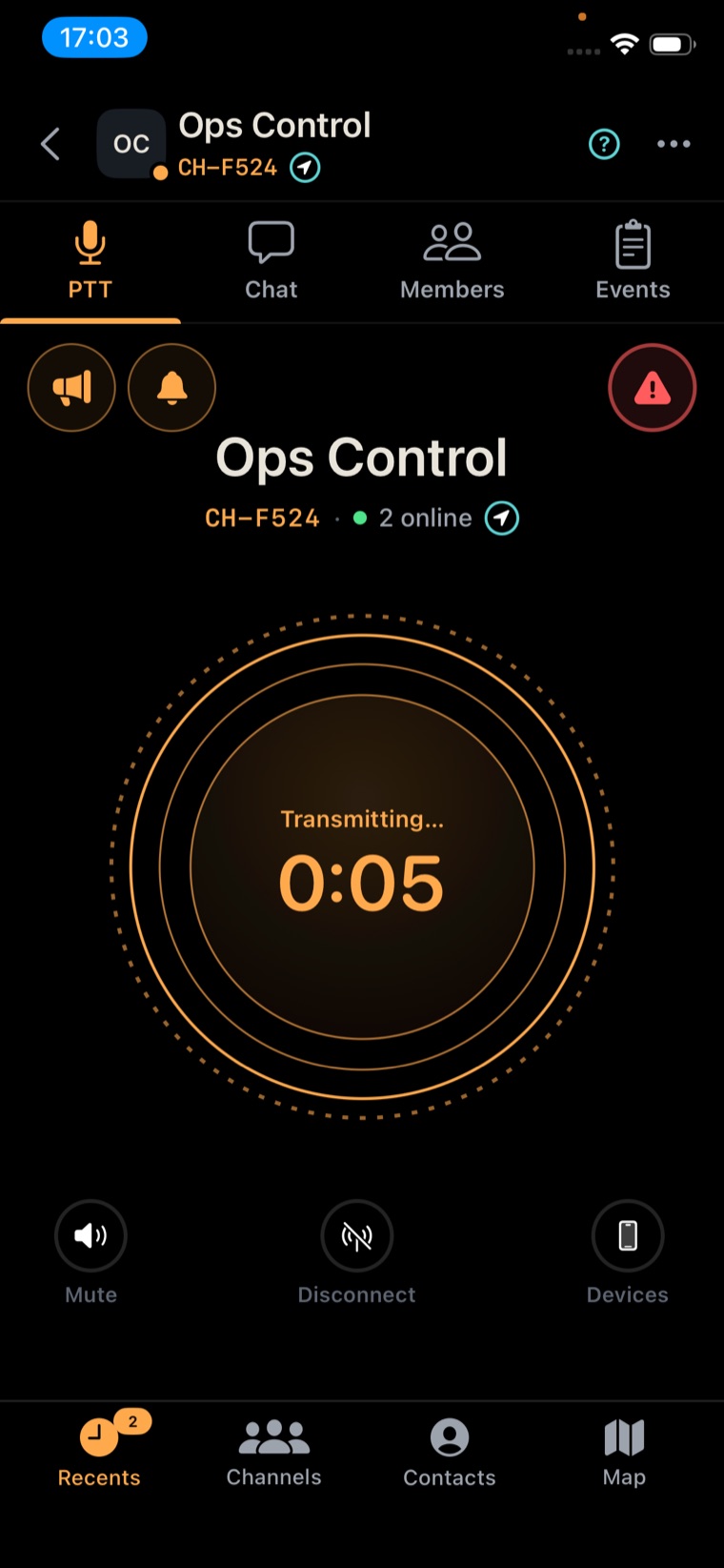 Push-to-talk screen mid-transmission on a team channel, with alert, ring and SOS buttons