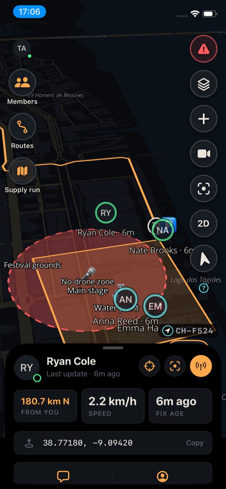 Site map with a hazard zone, crew positions and routes, and one crew member's distance, speed and last fix