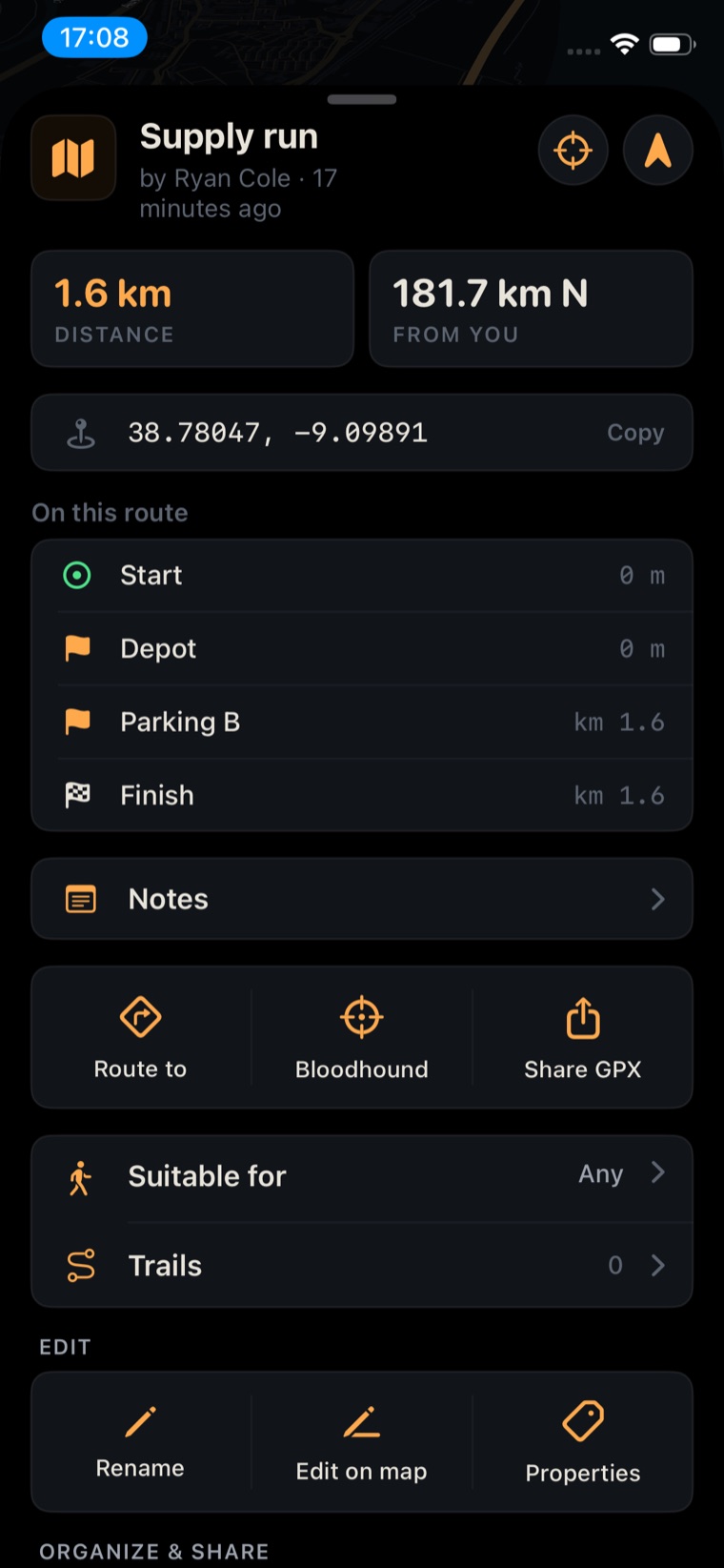 Shared route card with its distance, waypoints from start to finish, and Route to, Bloodhound and Share GPX actions