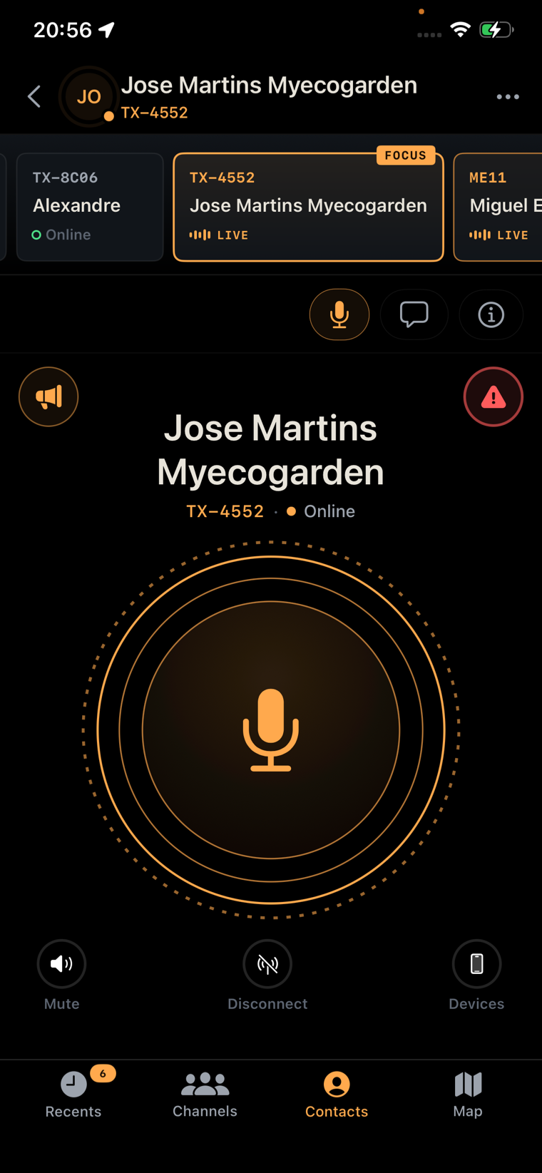 Quick selector strip spanning multiple channels and contacts, with LIVE and FOCUS indicators