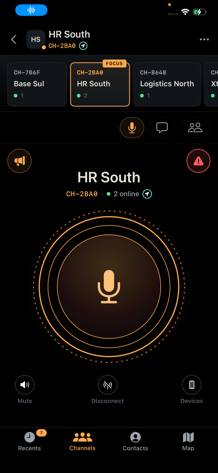 Talk screen with a quick channel selector across the top and one channel in focus