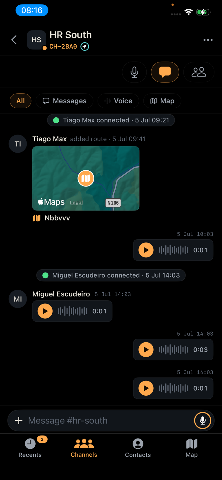 Channel feed with a shared route, voice notes and messages