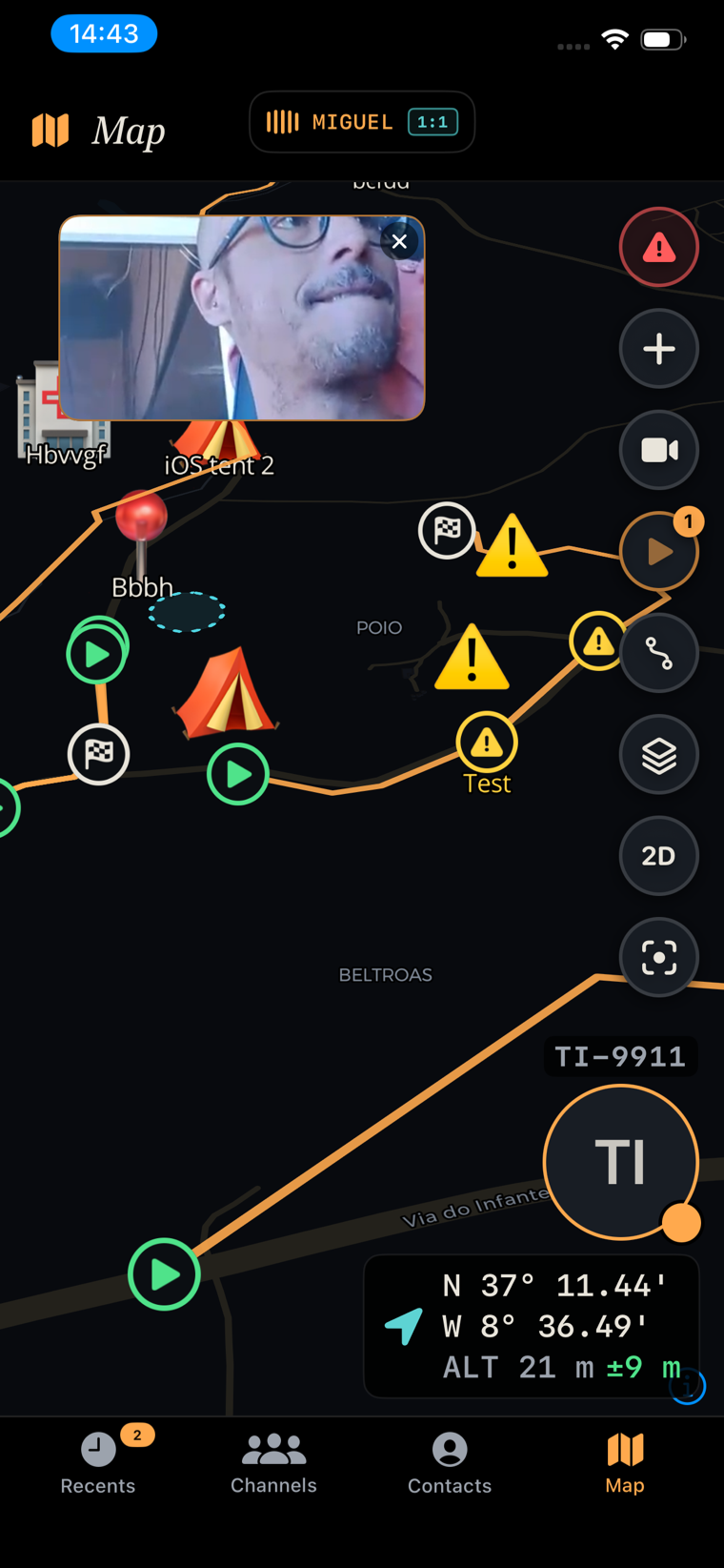 Live map with a point-of-view video feed pinned to it, next to routes and team markers