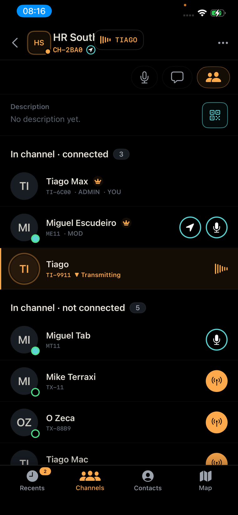 Channel members list showing who is transmitting, roles and presence