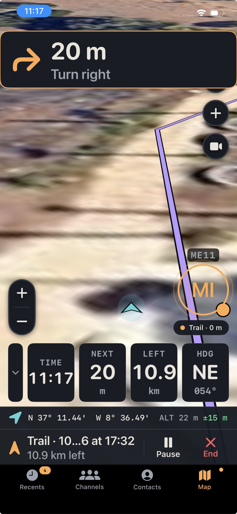 Turn-by-turn navigation on 3D satellite terrain with a heading and distance HUD