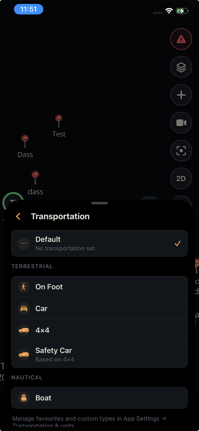 Transportation picker grouped into terrestrial and nautical modes