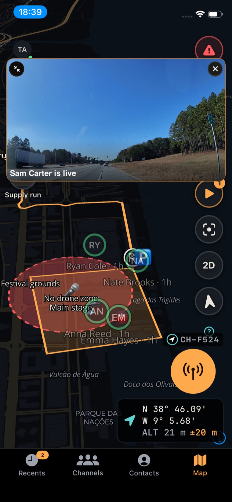 Live map with a point-of-view video feed pinned to it, next to routes and team markers