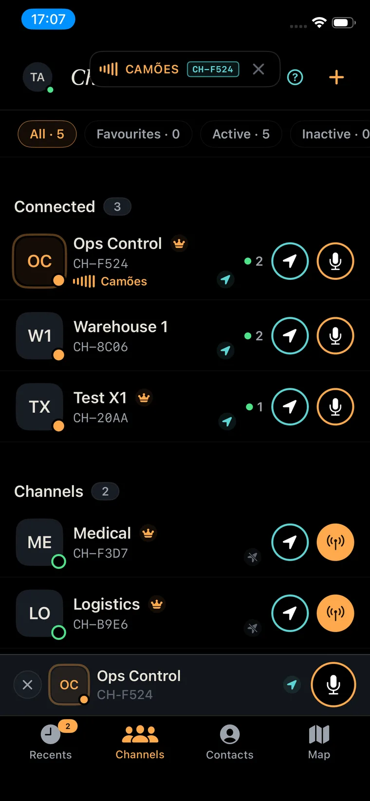 Channels list with three channels connected at the same time