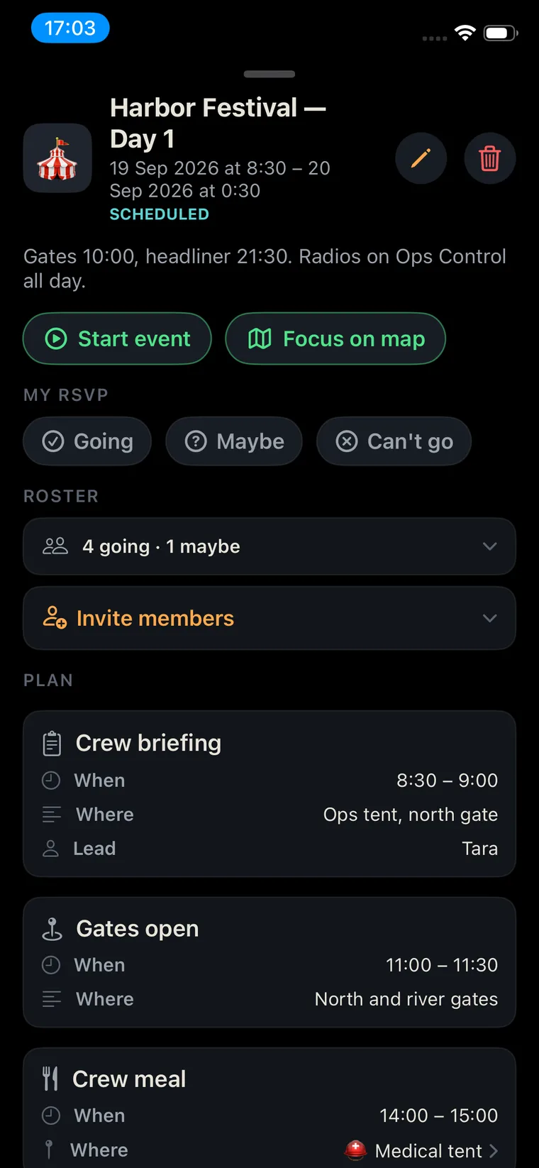 Planned event with briefing, gates and roster
