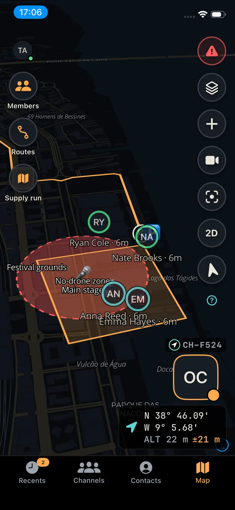Map with position, coordinates and altitude read-out