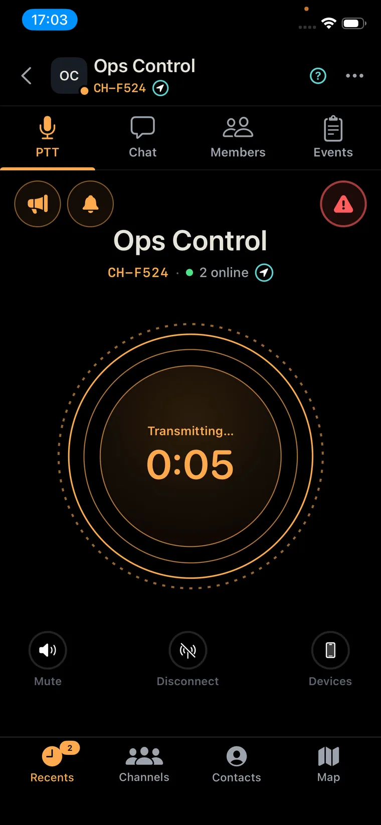 Push-to-talk channel screen