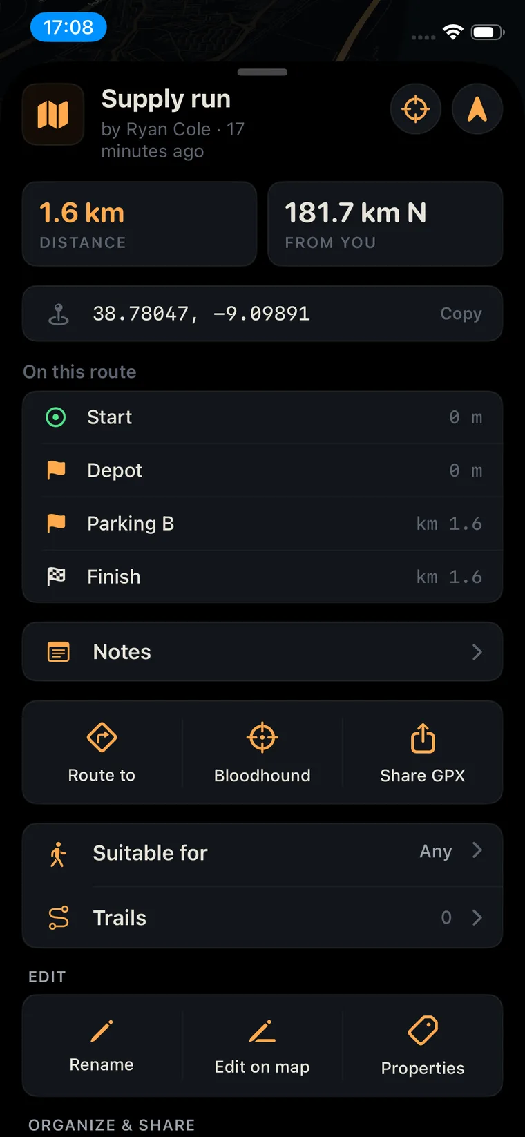 Route details with waypoints