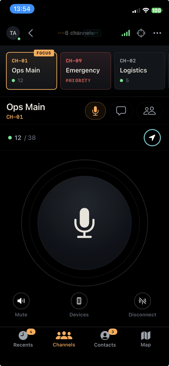 Multi-channel view showing Ops Main, Emergency, and Logistics channels with 6 channels total